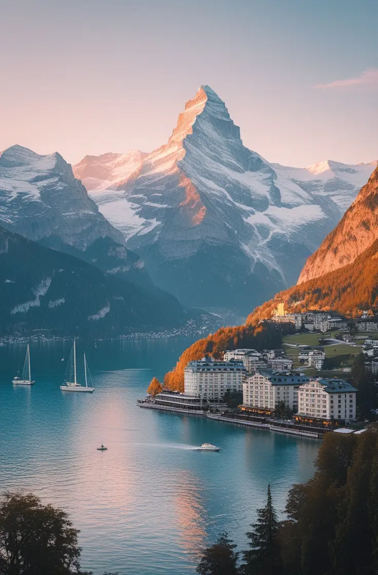 Comfort transfers Lakeside view of St. Moritz with luxury hotels, sailboats, and alpine backdrop